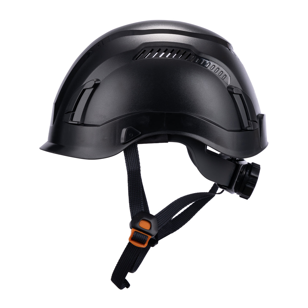 Left Side View of Type 1 ANSI/SEA Z89.1-2014 certified EcoPro Safety Helmet Black Color for Construction, Industrial & Arborist.