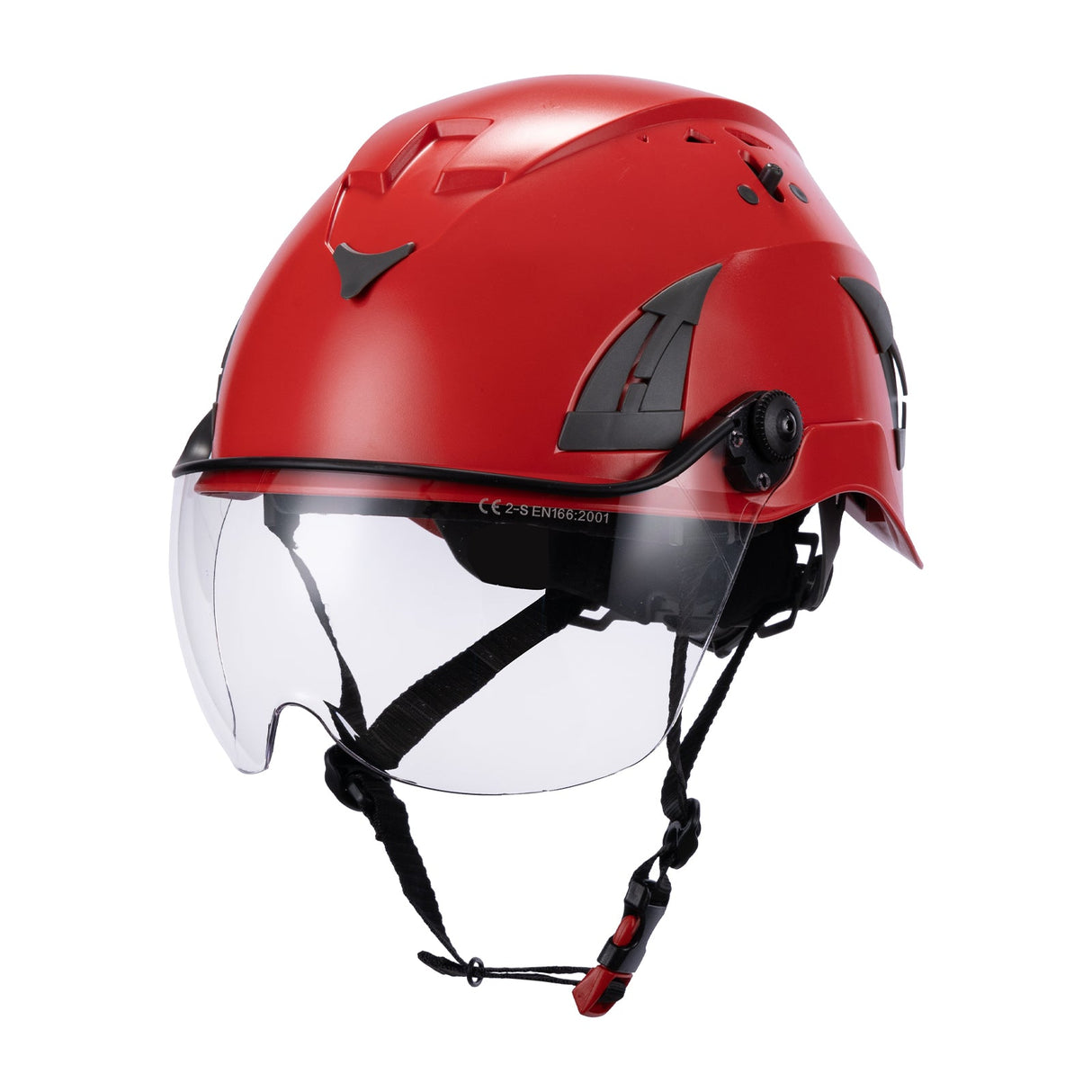 Front View of Red AeroPro ANSI/ISEA Z89.1-2014 Type 1 Class C Safety Helmet with Clear Visor used for Construction, Rescue & Arborist.