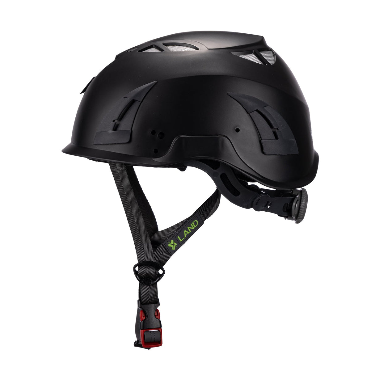 Left side view of black ClimbPro Climbing helmet EN 12492 & EN 397 certified. Ideal for climbing and high-movement activities.