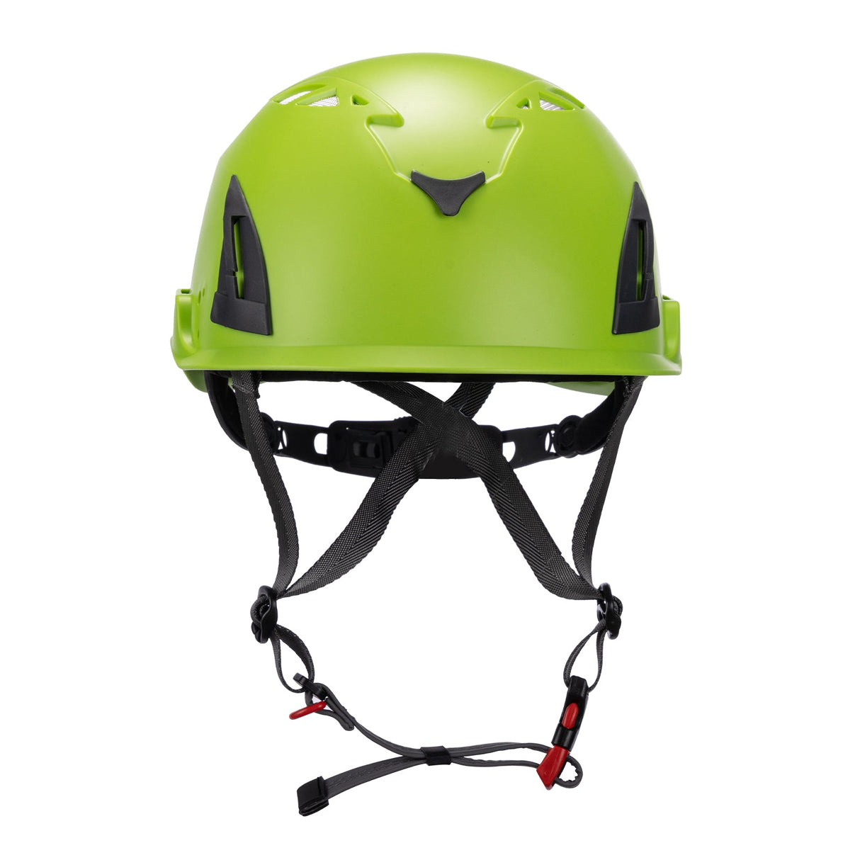 Front view of green ClimbPro Climbing helmet EN 12492 & EN 397 certified. Ideal for climbing and high-movement activities.