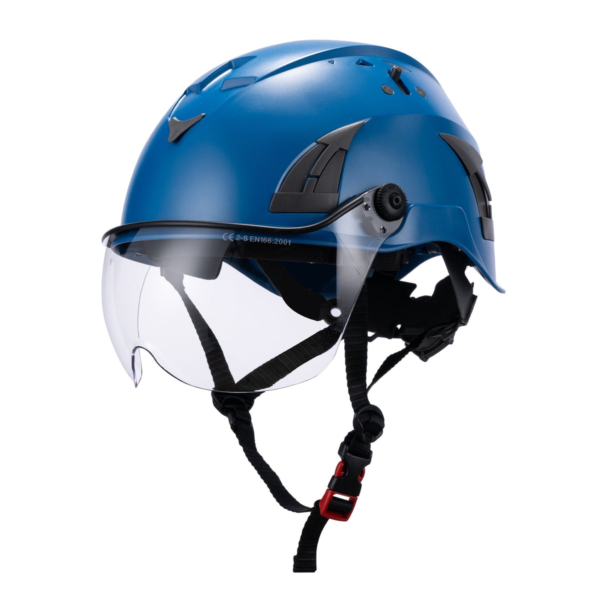 Front View of Blue AeroPro ANSI/ISEA Z89.1-2014 Type 1 Class C Safety Helmet with Clear Visor used for Construction, Rescue & Arborist.