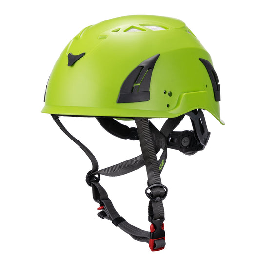 Front side view of green ClimbPro Climbing helmet EN 12492 & EN 397 certified. Ideal for climbing and high-movement activities.
