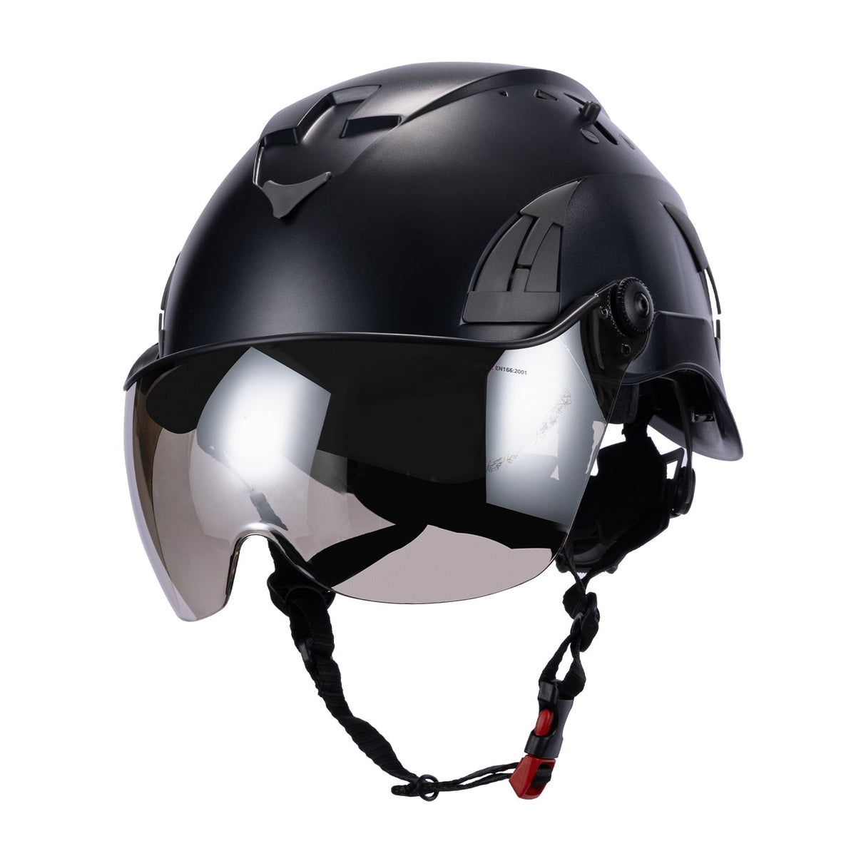 Black AeroPro Safety Helmets on white background with Smoke Visor Kit . ANSI/ISEA Z89.1-2014 Type 1 Class C Safety Helmets with Smoke Visor used for Construction, Rescue & Arborist.