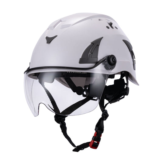 Front View of White AeroPro ANSI/ISEA Z89.1-2014 Type 1 Class C Safety Helmet with Clear Visor used for Construction, Rescue & Arborist.