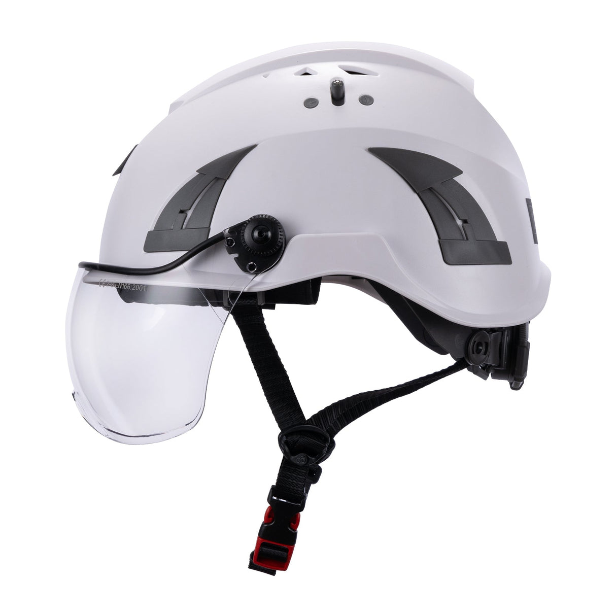 Left Side View of White AeroPro ANSI/ISEA Z89.1-2014 Type 1 Class C OSHA Certified Safety Helmet with Clear Visor used for Industrial, Scaffolding & Fall Protection.