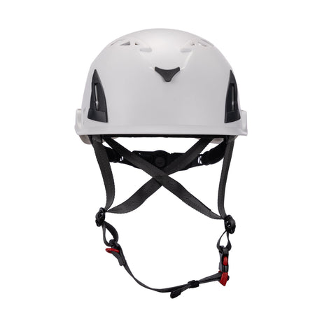 Front View of white ClimbPro Climbing helmet EN 12492 & EN 397 certified. Ideal for climbing and high-movement activities.