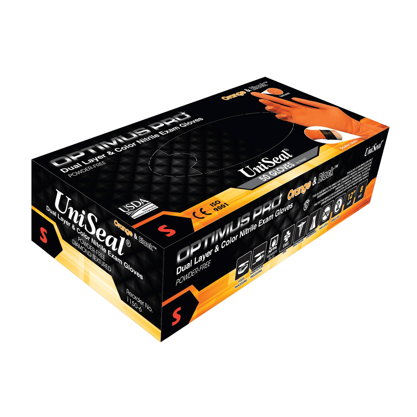 Uniseal® OPTIMUS™ PRO – ORANGE & BLACK Specialty Colored Nitrile Exam Gloves