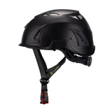 Left side view of black ClimbPro Climbing helmet EN 12492 & EN 397 certified. Ideal for climbing and high-movement activities.