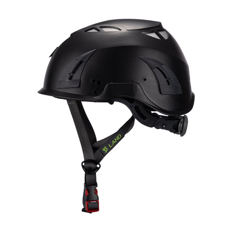 Left side view of black ClimbPro Climbing helmet EN 12492 & EN 397 certified. Ideal for climbing and high-movement activities.