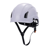 Front View of Type 1 ANSI/SEA Z89.1-2014, OSHA certified EcoPro Safety Helmet White Color for Arborist, Industrial & Fall Protection. 