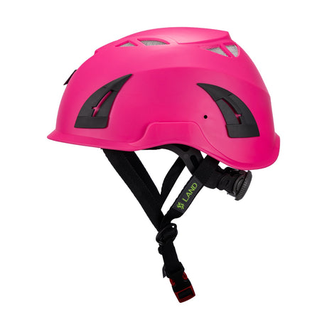 Left side view of pink ClimbPro Climbing helmet EN 12492 & EN 397 certified. Ideal for climbing and high-movement activities.
