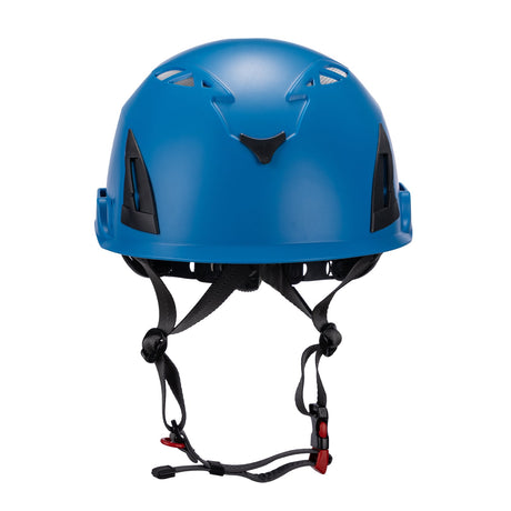 Front side view of blue ClimbPro Climbing helmet EN 12492 & EN 397 certified. Ideal for climbing and high-movement activities.