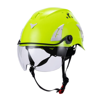 Front View of Green AeroPro ANSI/ISEA Z89.1-2014 Type 1 Class C Safety Helmet with Clear Visor used for Construction, Rescue & Arborist. 