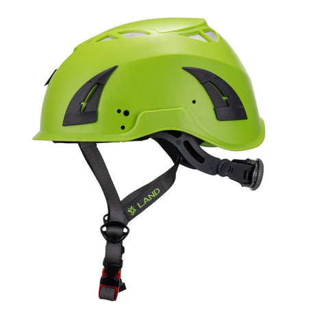 Left side view of green ClimbPro Climbing helmet EN 12492 & EN 397 certified. Ideal for climbing and high-movement activities.