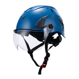 Front View of Blue AeroPro ANSI/ISEA Z89.1-2014 Type 1 Class C Safety Helmet with Clear Visor used for Construction, Rescue & Arborist. 