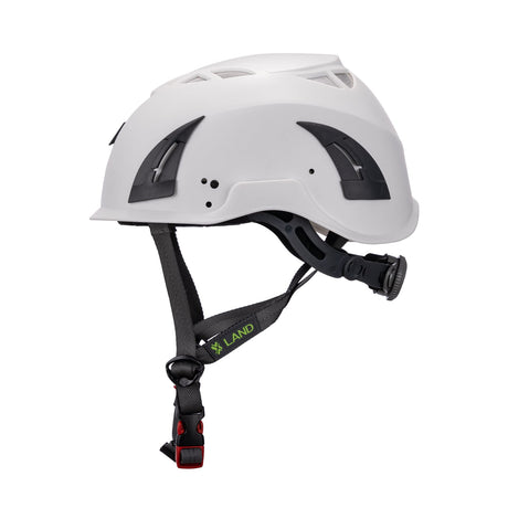 Left side View of white ClimbPro Climbing helmet EN 12492 & EN 397 certified. Ideal for climbing and high-movement activities.
