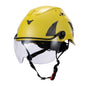 Front View of Yellow AeroPro ANSI/ISEA Z89.1-2014 Type 1 Class C Safety Helmet with Clear Visor used for Construction, Rescue & Arborist. 