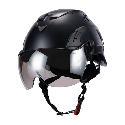 Black AeroPro Safety Helmets on white background with Smoke Visor Kit . ANSI/ISEA Z89.1-2014 Type 1 Class C Safety Helmets with Smoke Visor used for Construction, Rescue & Arborist. 