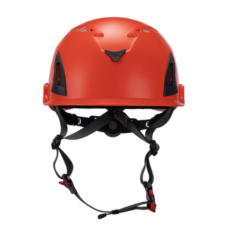 Front side view of orange ClimbPro Climbing helmet EN 12492 & EN 397 certified. Ideal for climbing and high-movement activities.