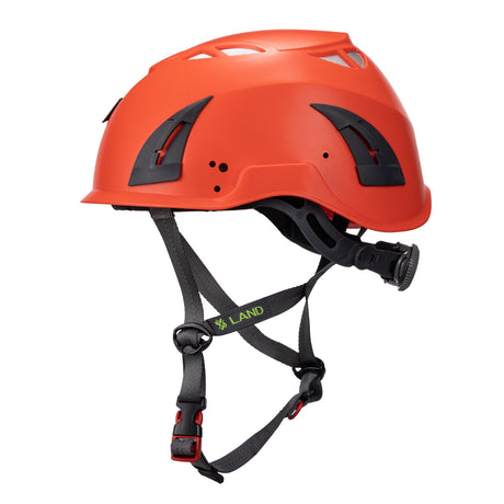 Left side view of orange ClimbPro Climbing helmet EN 12492 & EN 397 certified. Ideal for climbing and high-movement activities.