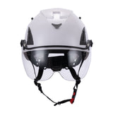 Front Face View of White AeroPro ANSI/ISEA Z89.1-2014 Type 1 Class C OSHA Certified Safety Helmet with Clear Visor used for Industrial, Scaffolding & Fall Protection. 