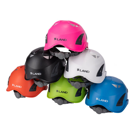 Back view of 6 ClimbPro helmets stacked on each other in a pyramid shape. 6 color varieties of orange, gree, blue, black, white and pink. 