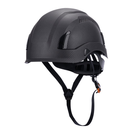 Front View of Type 1 ANSI/SEA Z89.1-2014 certified EcoPro Safety Helmet Carbon Color for Arborist, Industrial & Fall Protection. 