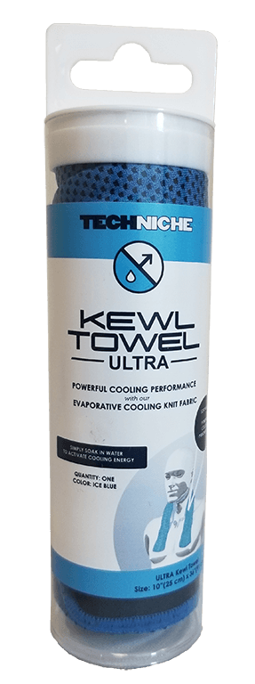 TechNiche® KewlTowel ULTRA in packaging with blue fabric