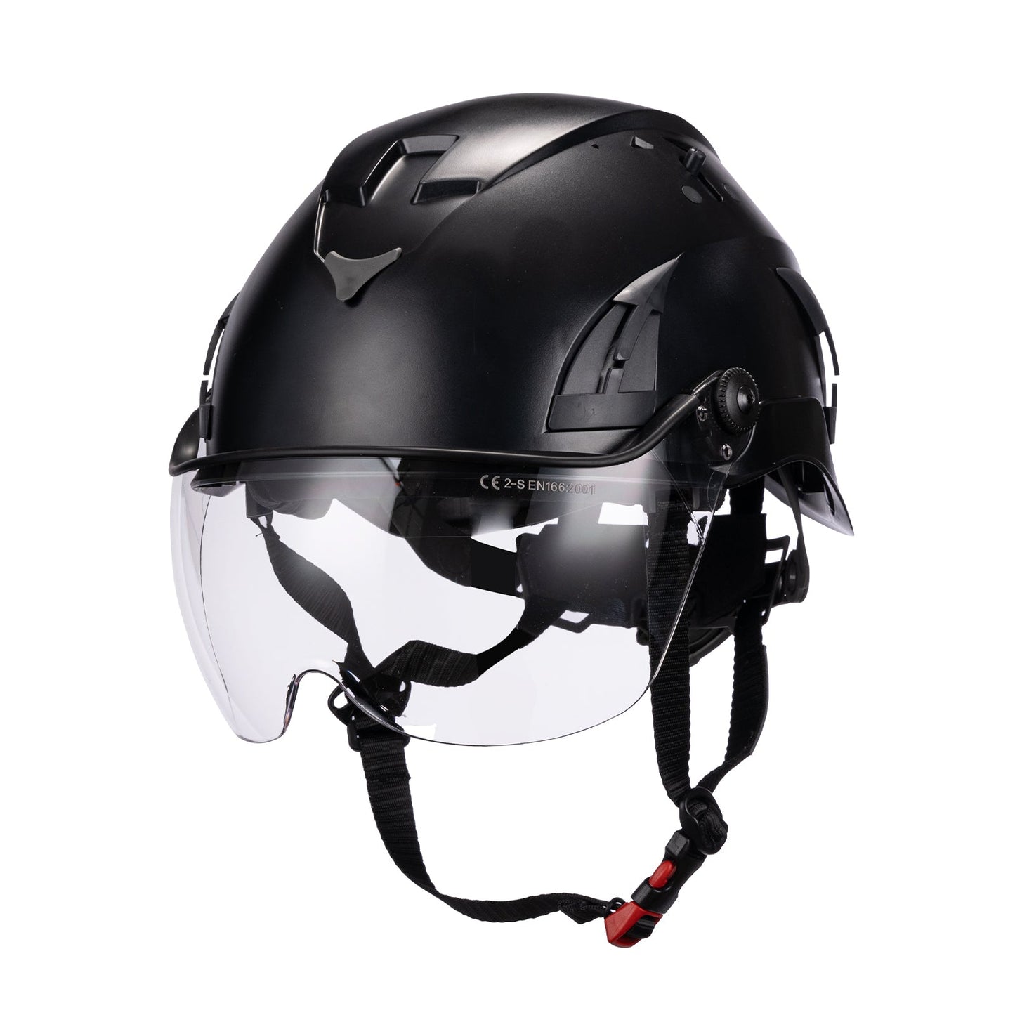 Front View of Black AeroPro ANSI/ISEA Z89.1-2014 Type 1 Class C Safety Helmet with Clear Visor used for Construction, Rescue & Arborist. 