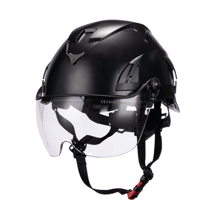 Front View of Black AeroPro ANSI/ISEA Z89.1-2014 Type 1 Class C Safety Helmet with Clear Visor used for Construction, Rescue & Arborist. 