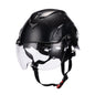 Front View of Black AeroPro ANSI/ISEA Z89.1-2014 Type 1 Class C Safety Helmet with Clear Visor used for Construction, Rescue & Arborist. 