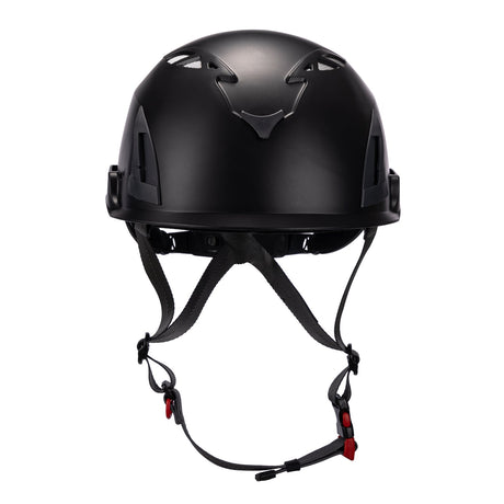 Front view of black ClimbPro Climbing helmet EN 12492 & EN 397 certified. Ideal for climbing and high-movement activities.