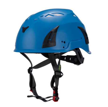 Front view of blue ClimbPro Climbing helmet EN 12492 & EN 397 certified. Ideal for climbing and high-movement activities.