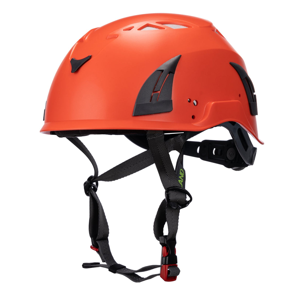 Left side view of orange ClimbPro Climbing helmet EN 12492 & EN 397 certified. Ideal for climbing and high-movement activities.