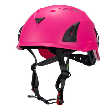 Front view of pink ClimbPro Climbing helmet EN 12492 & EN 397 certified. Ideal for climbing and high-movement activities.