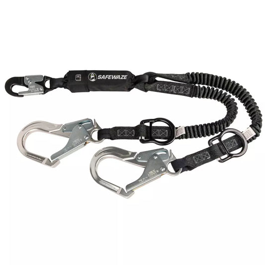 PRO 6' Stretch Energy Absorbing Lanyard: 12' FF Dual Leg, Alu Rebar Hooks, Rescue Rings