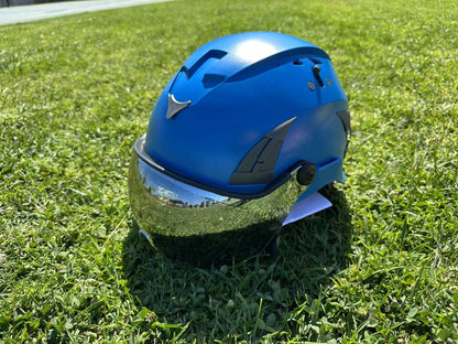 Blue AeroPro Safety Helmets with Smoke Visor Kit on Grass. ANSI/ISEA Z89.1-2014 Type 1 Class C Safety Helmet with Smoke Visor used for Construction, Rescue & Arborist. 