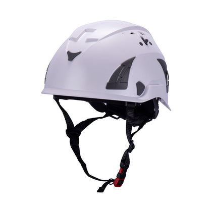 White AeroPro Safety Helmets on white background. ANSI/ISEA Z89.1-2014 OSHA Certified Type 1 Class C Safety Helmets used for Construction, Rescue & Arborist. 