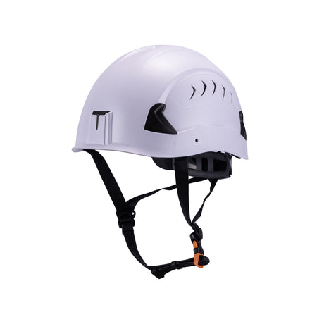 Front view of white M10 Frontier Type II Class C Safety Helmet , ANSI/ISEA Z89.1-2014 certifications. Type 2 helmet for use in construction, Construction, Arbor, and Industrial Work.